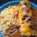 Chile Colorado with rice & beans plate